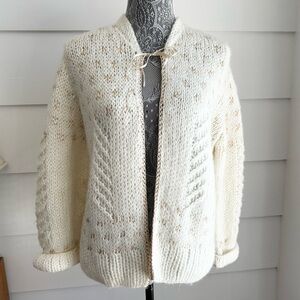 Vintage Hand Knit Cardigan Sweater with Ribbon Trim Cottage Boho